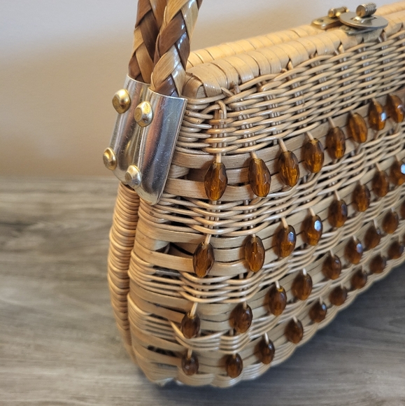 Vintage Beaded Woven Top Handle Bag Natural Wicker MCM - Picture 3 of 10
